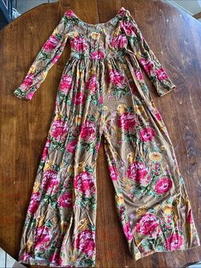 SweetHoney Floral Wide-Leg Jumpsuit in Tan, Pink and Yellow